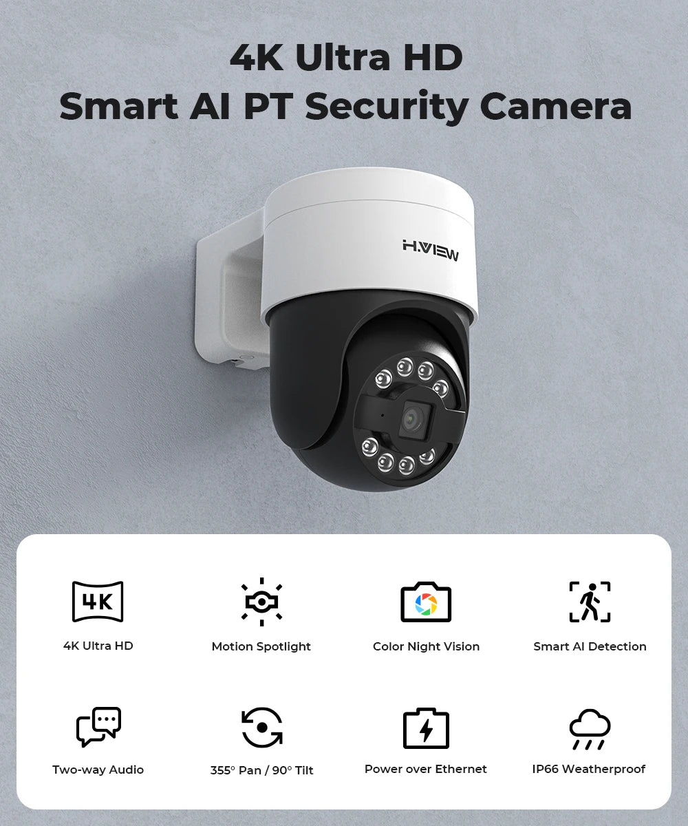 H.View Cctv Security Poe Ip Camera Ptz  5Mp 8mp 4K Dome Outdoor Audio Video Surveillance For Nvr System  Xmeye